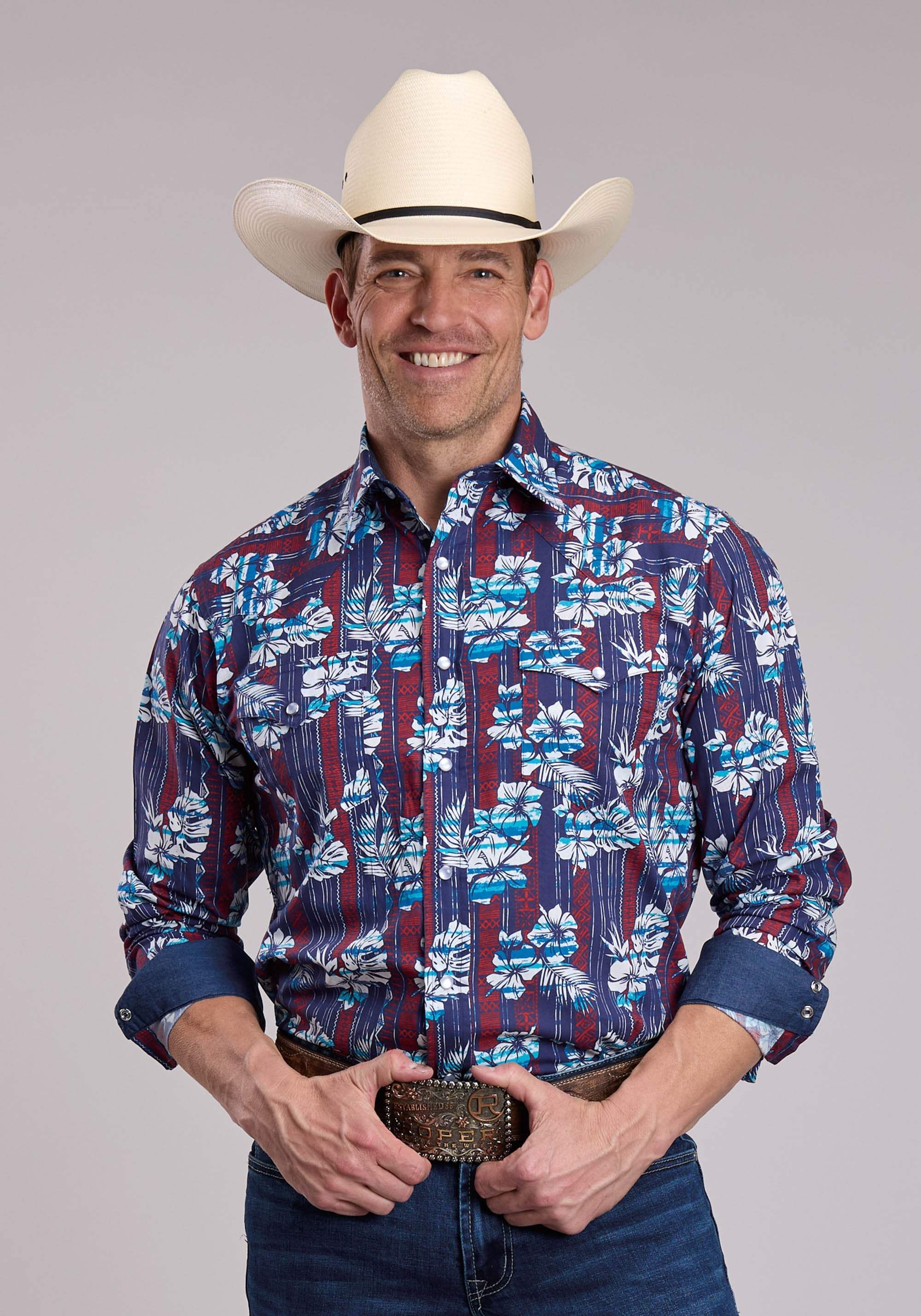 Mens Roper Distressed Tropical Aztec Print Long Sleeve Snap Shirt - Roper - Flyclothing LLC
