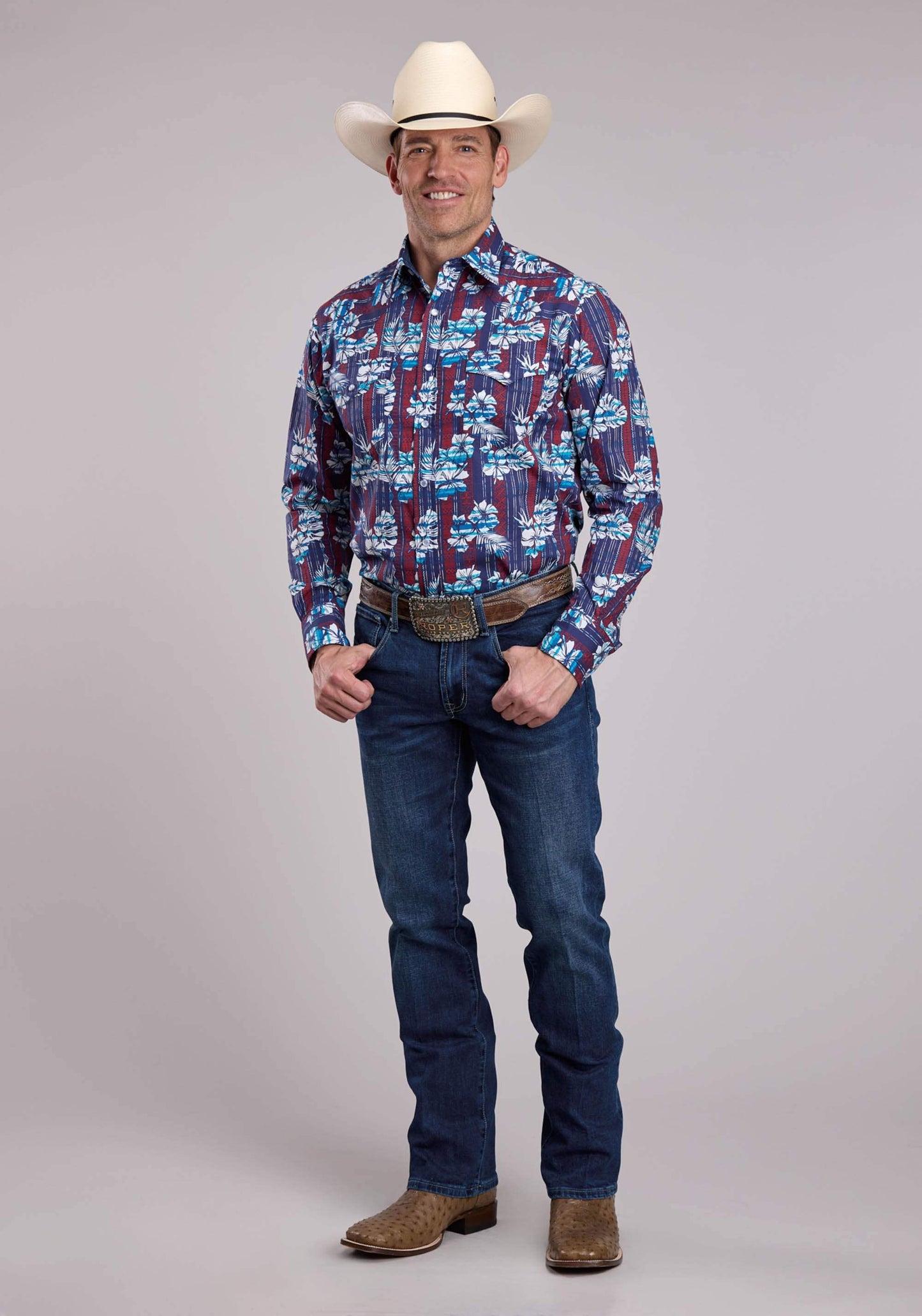 Mens Roper Distressed Tropical Aztec Print Long Sleeve Snap Shirt - Roper - Flyclothing LLC