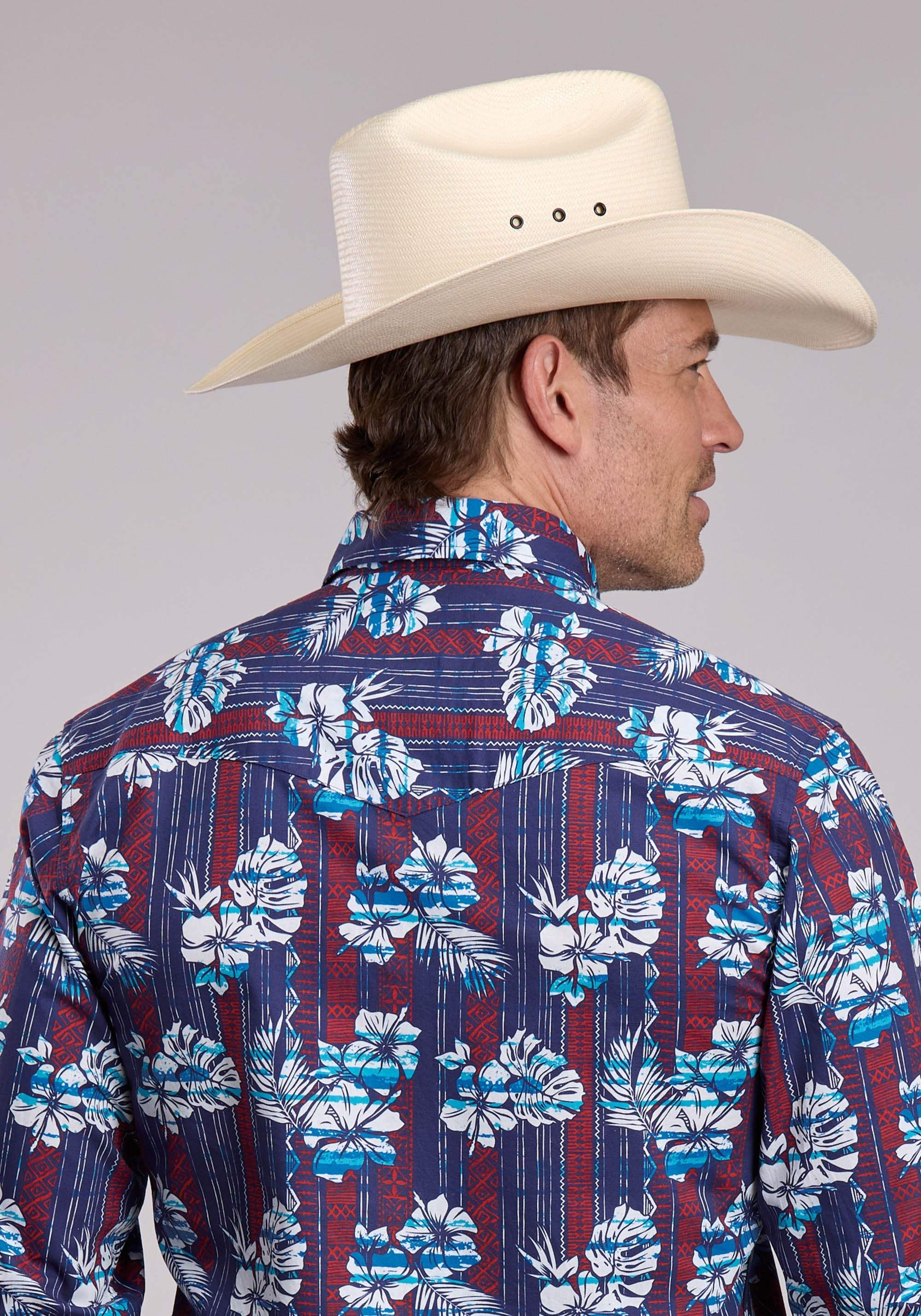 Mens Roper Distressed Tropical Aztec Print Long Sleeve Snap Shirt - Roper - Flyclothing LLC
