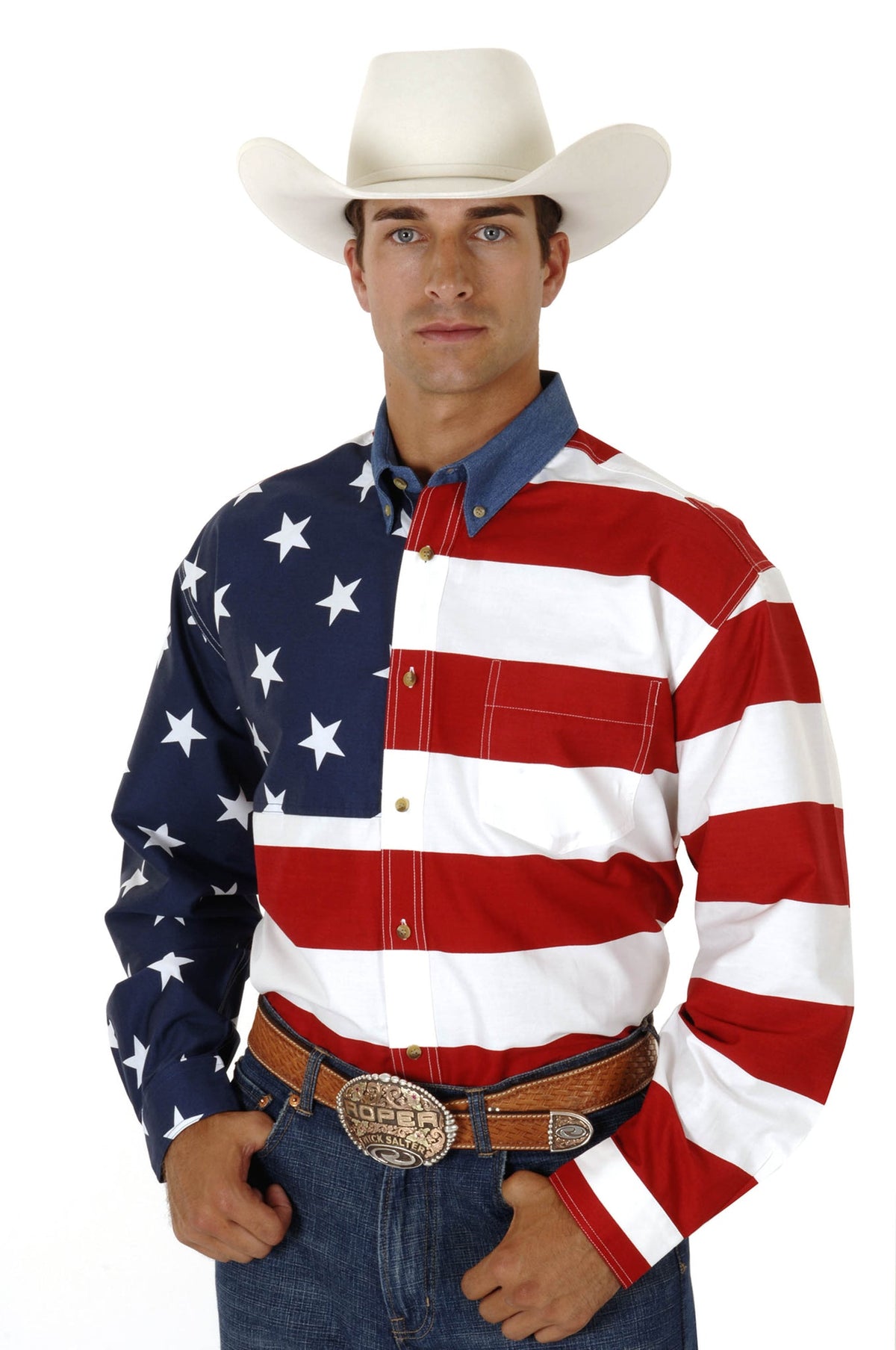Roper Mens Red White And Blue Stars And Stripes Pieced American Flag Long Sleeve Western Snap Shirt