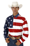 Roper Mens Red White And Blue Stars And Stripes Pieced American Flag Long Sleeve Western Snap Shirt - Roper