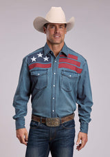Mens Roper Medium Blue Denim Long Sleeve Snap Shirt - Roper - Flyclothing LLC