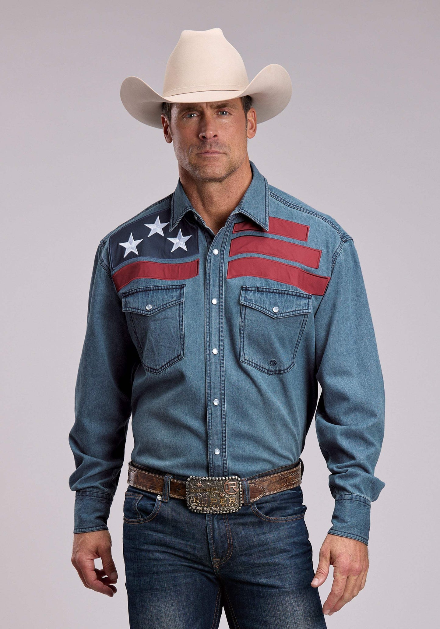 Mens Roper Medium Blue Denim Long Sleeve Snap Shirt - Roper - Flyclothing LLC