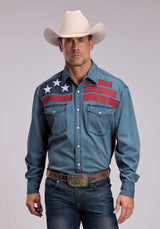 Mens Roper Medium Blue Denim Long Sleeve Snap Shirt - Roper - Flyclothing LLC