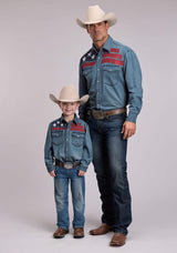 Mens Roper Medium Blue Denim Long Sleeve Snap Shirt - Roper - Flyclothing LLC