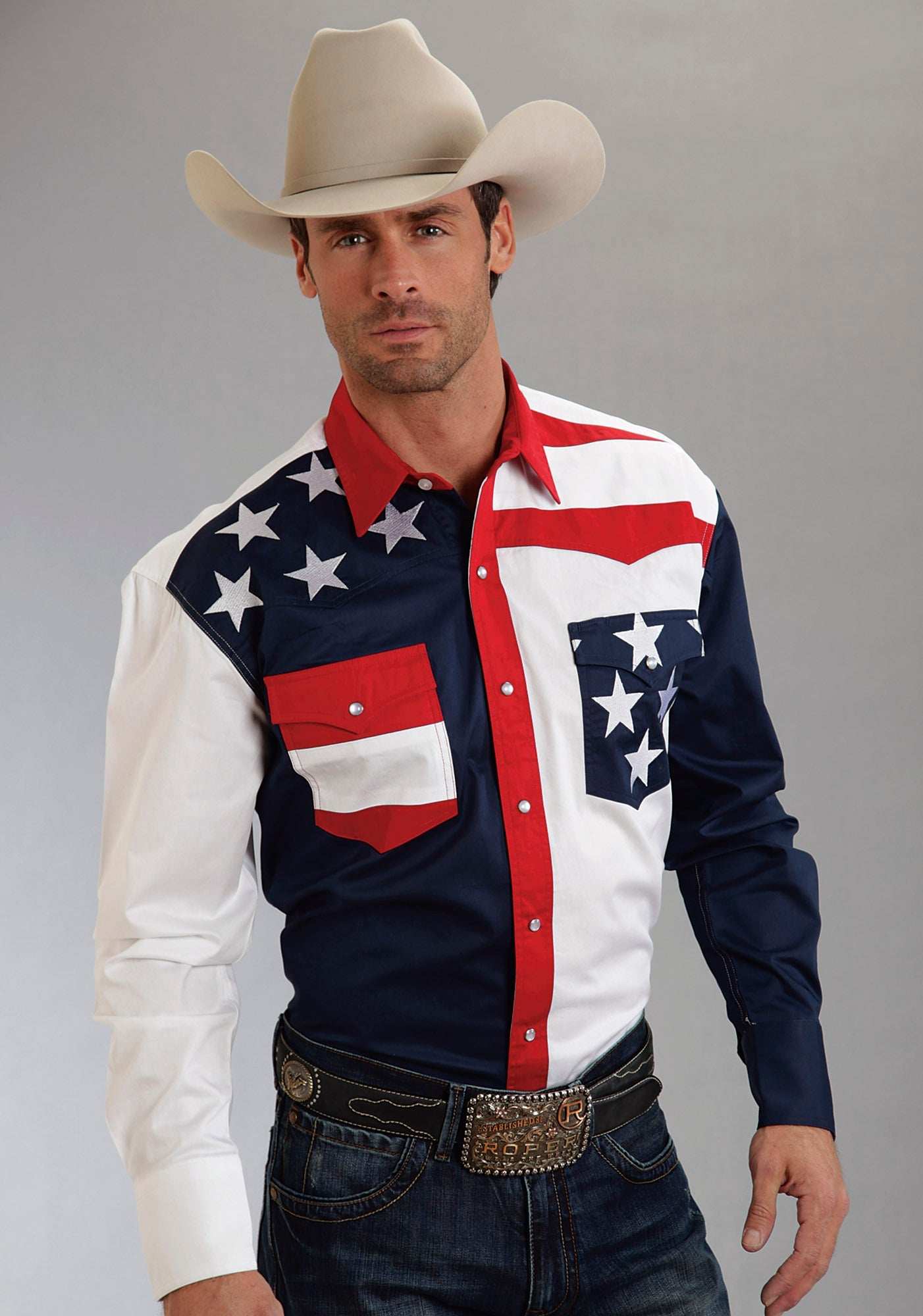 Roper Mens Red White And Blue Colorblocked Pieced Long Sleeve Western Snap Shirt - Roper - Flyclothing LLC