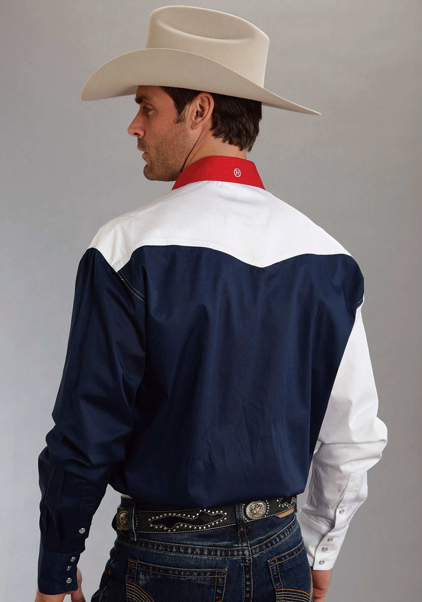 Roper Mens Red White And Blue Colorblocked Pieced Long Sleeve Western Snap Shirt - Roper - Flyclothing LLC