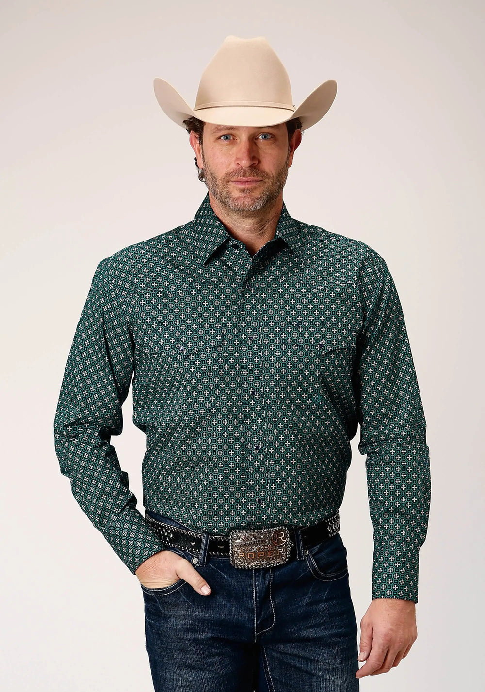 Roper Mens Long Sleeve Snap Croshort Sleeve Walk Foulard Western Shirt - Roper