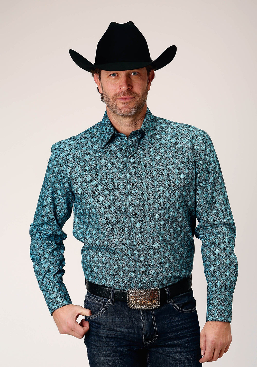 Roper Mens Long Sleeve Snap Lattice Medallion Print Western Shirt - Roper