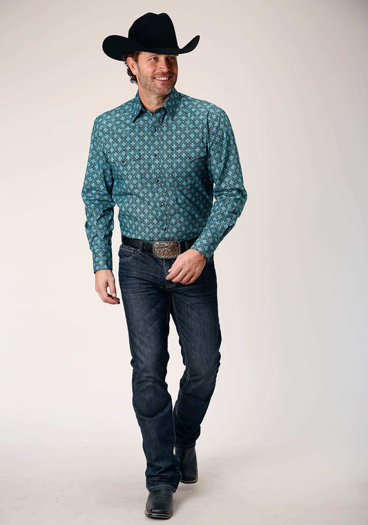 Roper Mens Long Sleeve Snap Lattice Medallion Print Western Shirt - Roper - Flyclothing LLC
