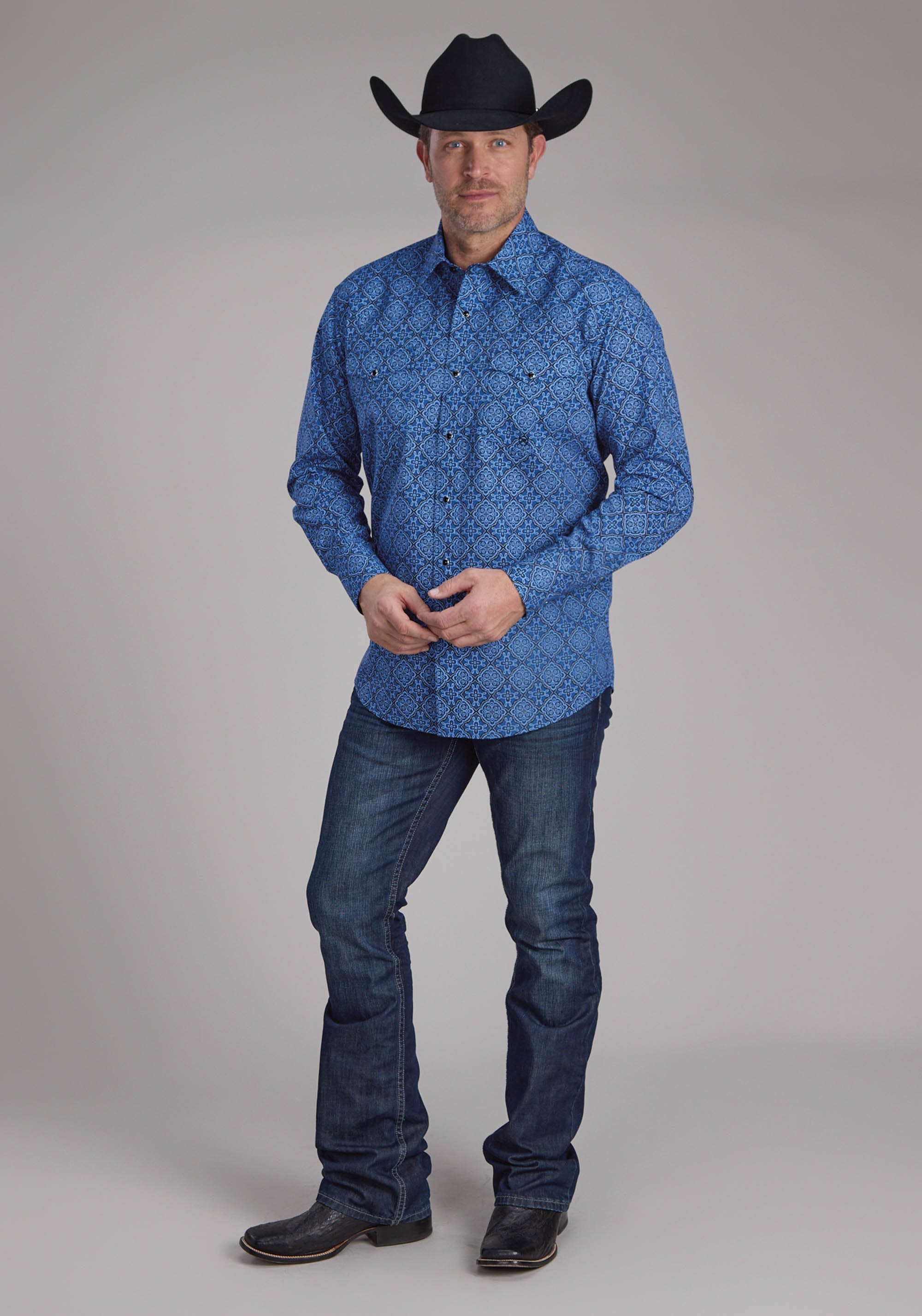 Roper Mens Saphire Ornamental Long Sleeve Snap Western Shirt