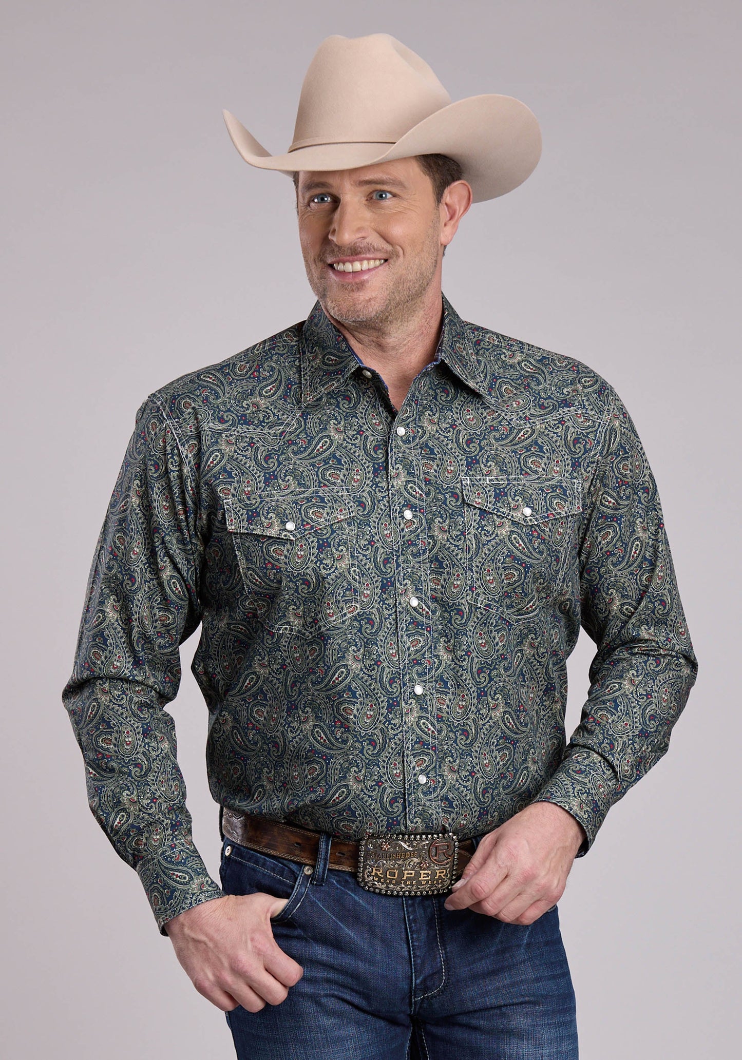 Roper Mens Long Sleeve Snap Forest Paisley Western Shirt