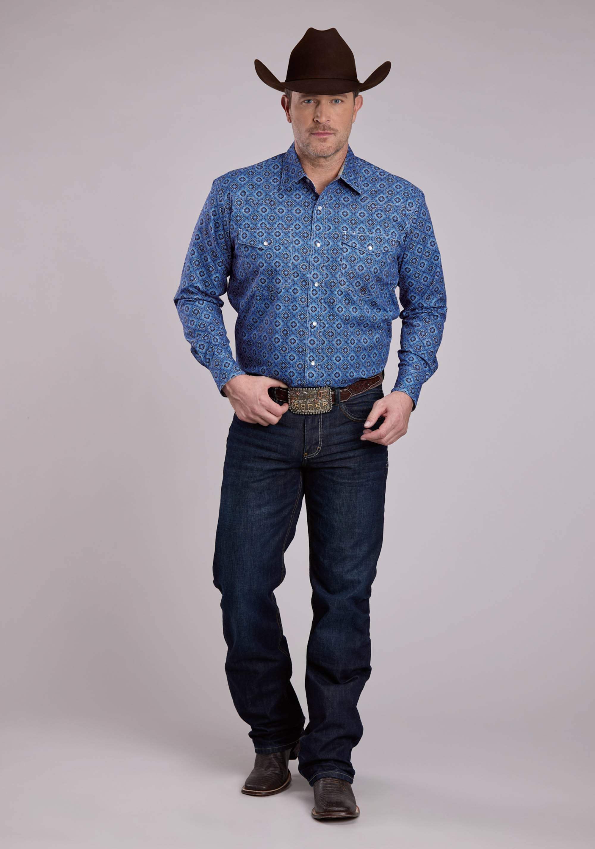 Roper Mens Long Sleeve Snap Vintage Blue Medallion Paisley Western Shirt - Roper - Flyclothing LLC