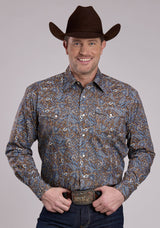 Roper Mens Long Sleeve Snap Bluebird Paisley Western Shirt
