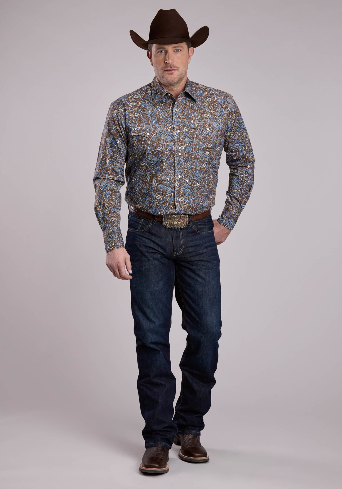 Roper Mens Long Sleeve Snap Bluebird Paisley Western Shirt