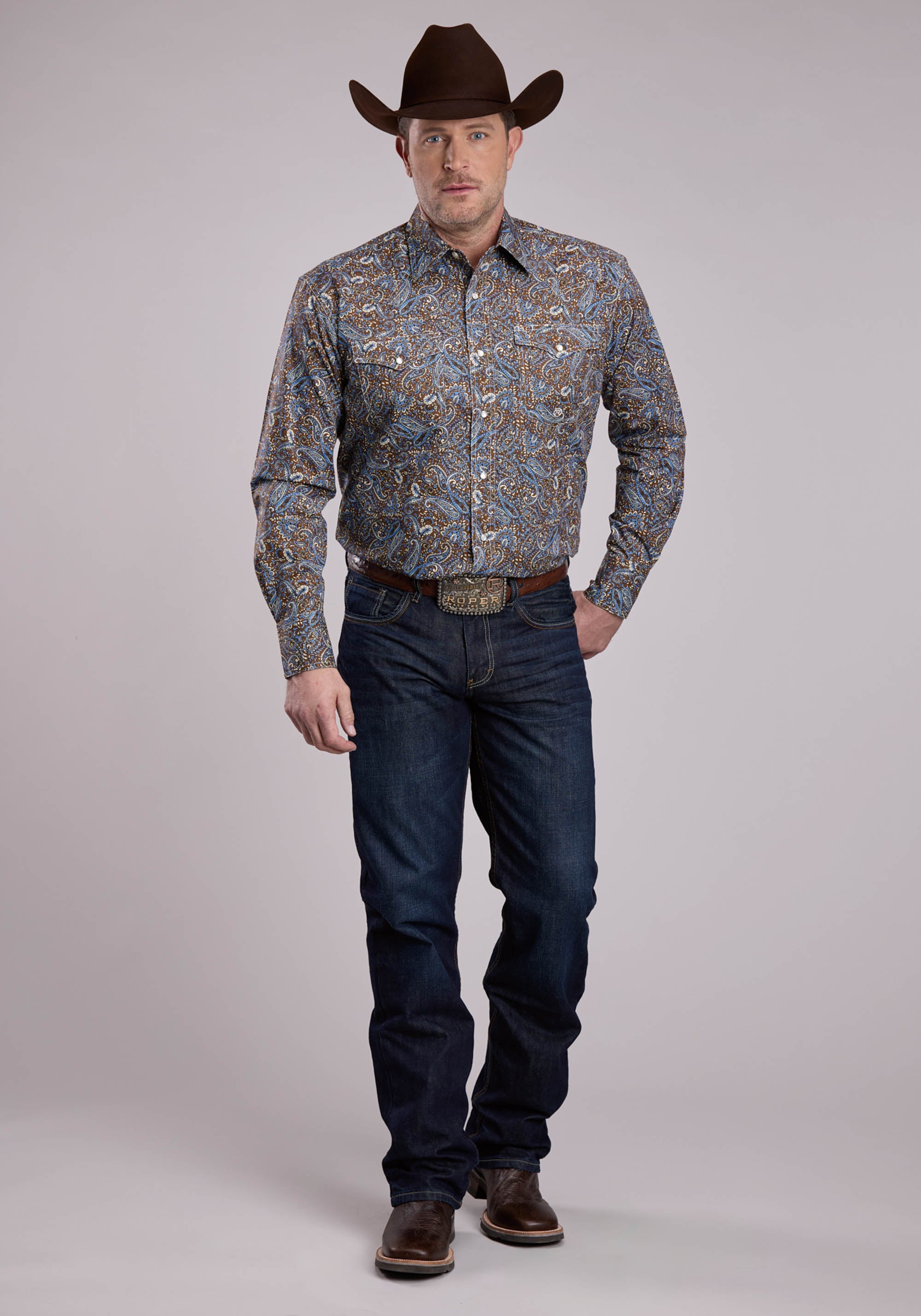 Roper Mens Long Sleeve Snap Bluebird Paisley Western Shirt