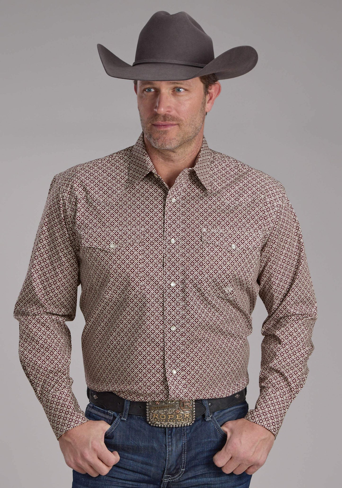 Roper Mens Stretch Four Point Foulard - Wine Long Sleeve Snap Western Shirt - Roper - Flyclothing LLC