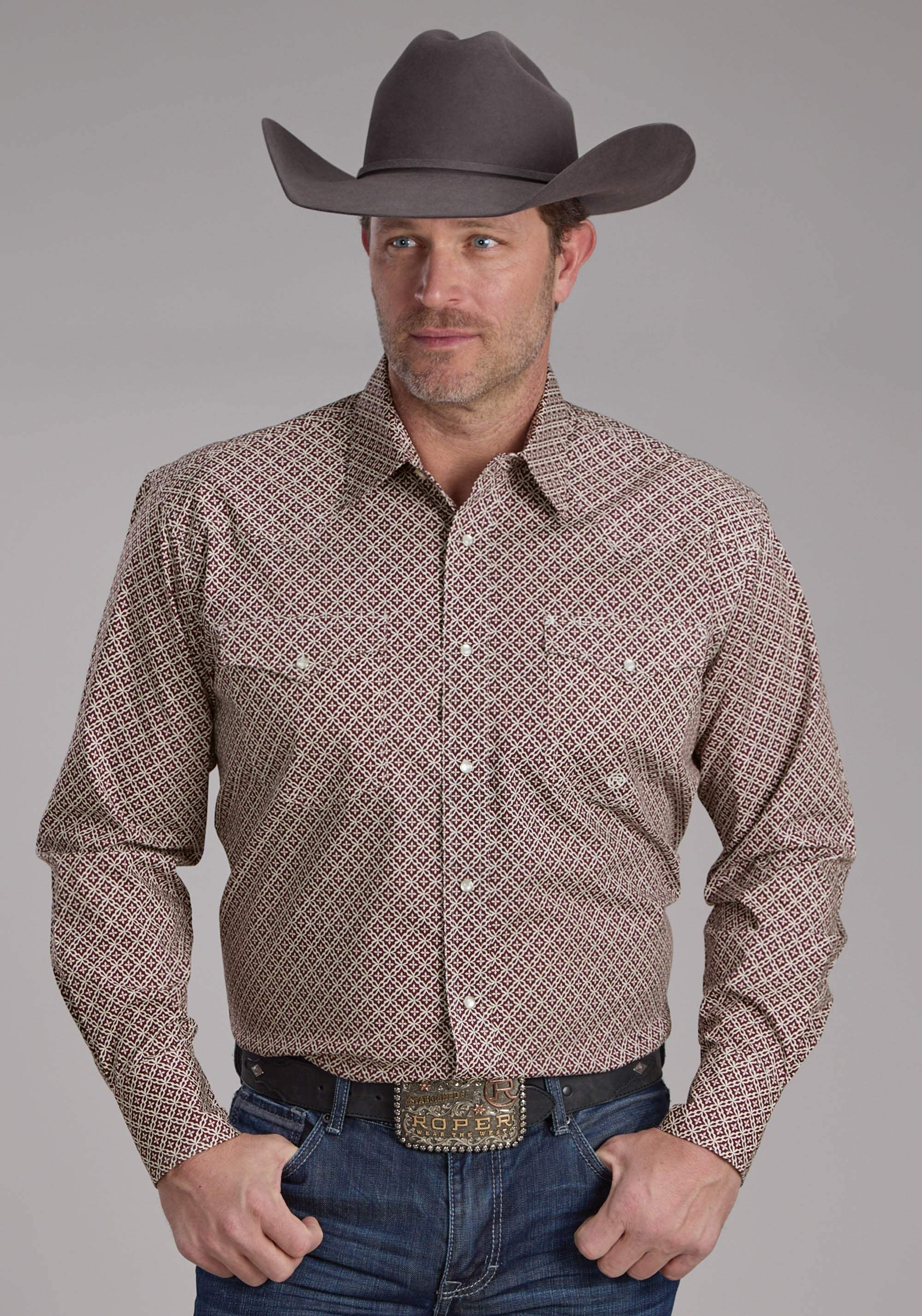 Roper Mens Stretch Four Point Foulard - Wine Long Sleeve Snap Western Shirt - Roper - Flyclothing LLC