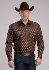 Roper Mens Long Sleeve Snap Stretch Poplin Paisley - Brown Western Shi