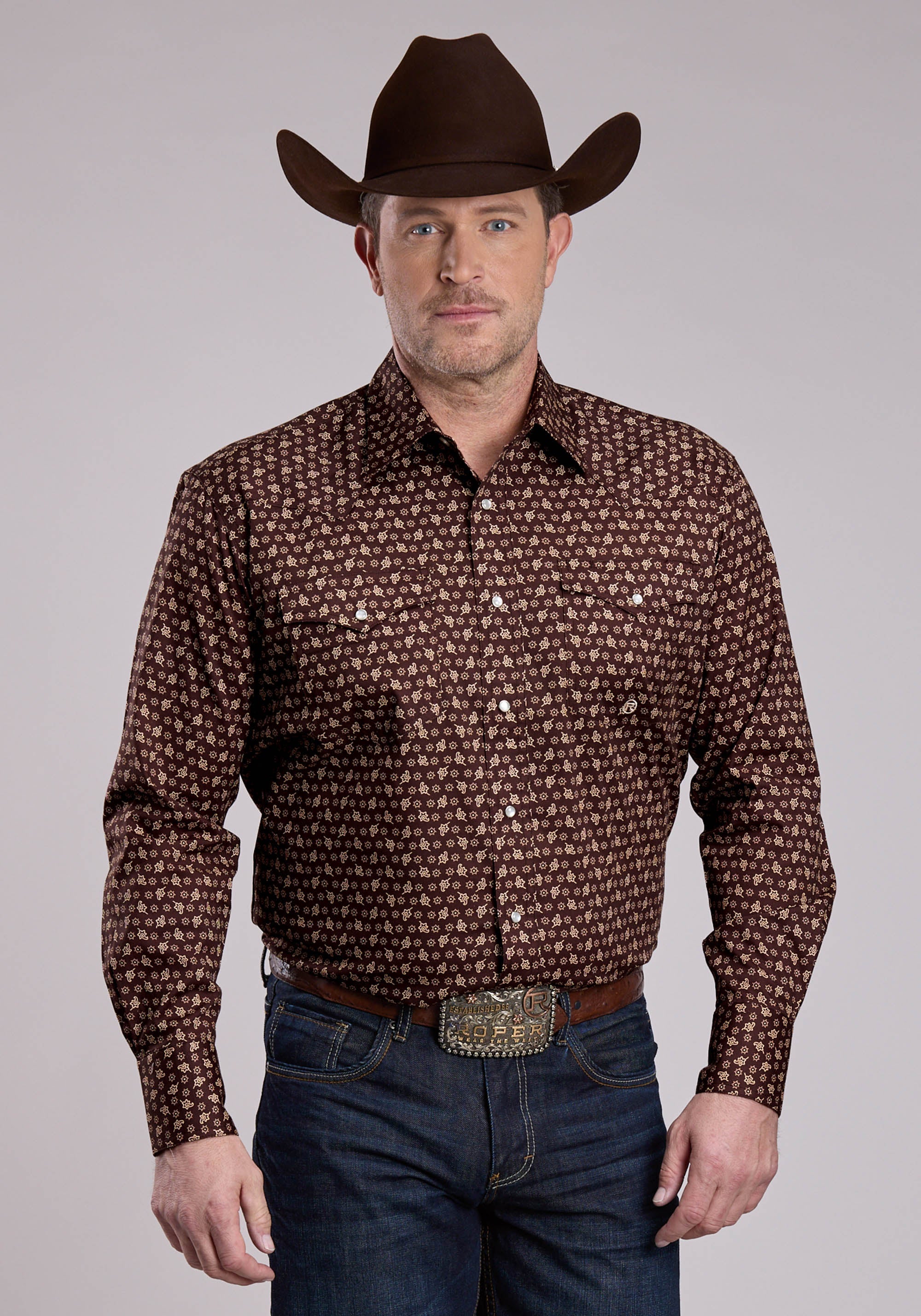 Roper Mens Long Sleeve Snap Stretch Poplin Paisley - Brown Western Shi