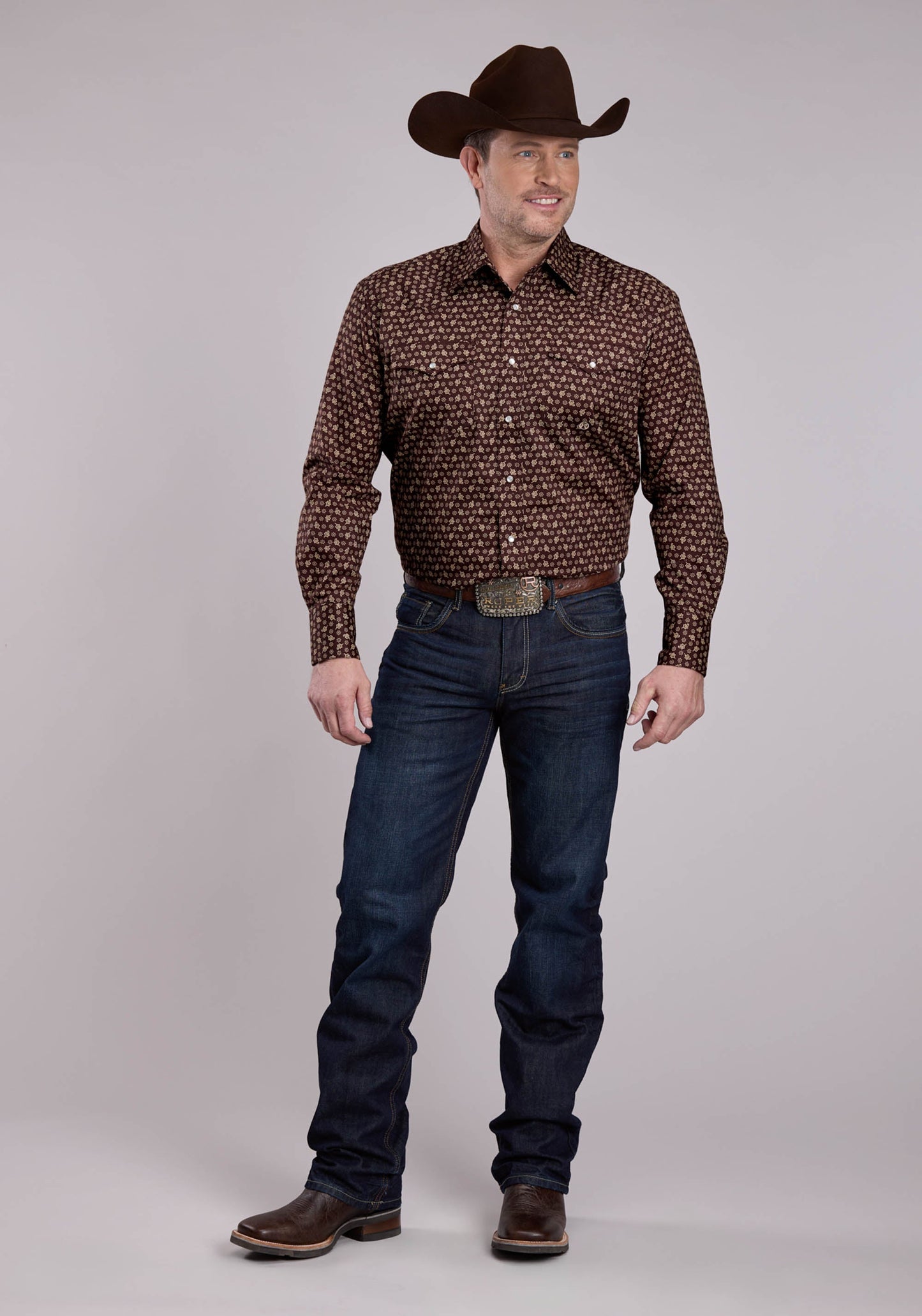 Roper Mens Long Sleeve Snap Stretch Poplin Paisley - Brown Western Shirt