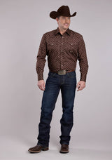 Roper Mens Long Sleeve Snap Stretch Poplin Paisley - Brown Western Shirt