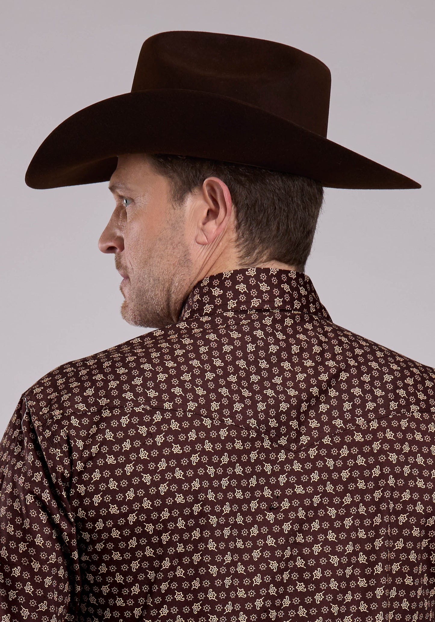 Roper Mens Long Sleeve Snap Stretch Poplin Paisley - Brown Western Shirt