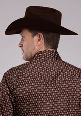 Roper Mens Long Sleeve Snap Stretch Poplin Paisley - Brown Western Shirt