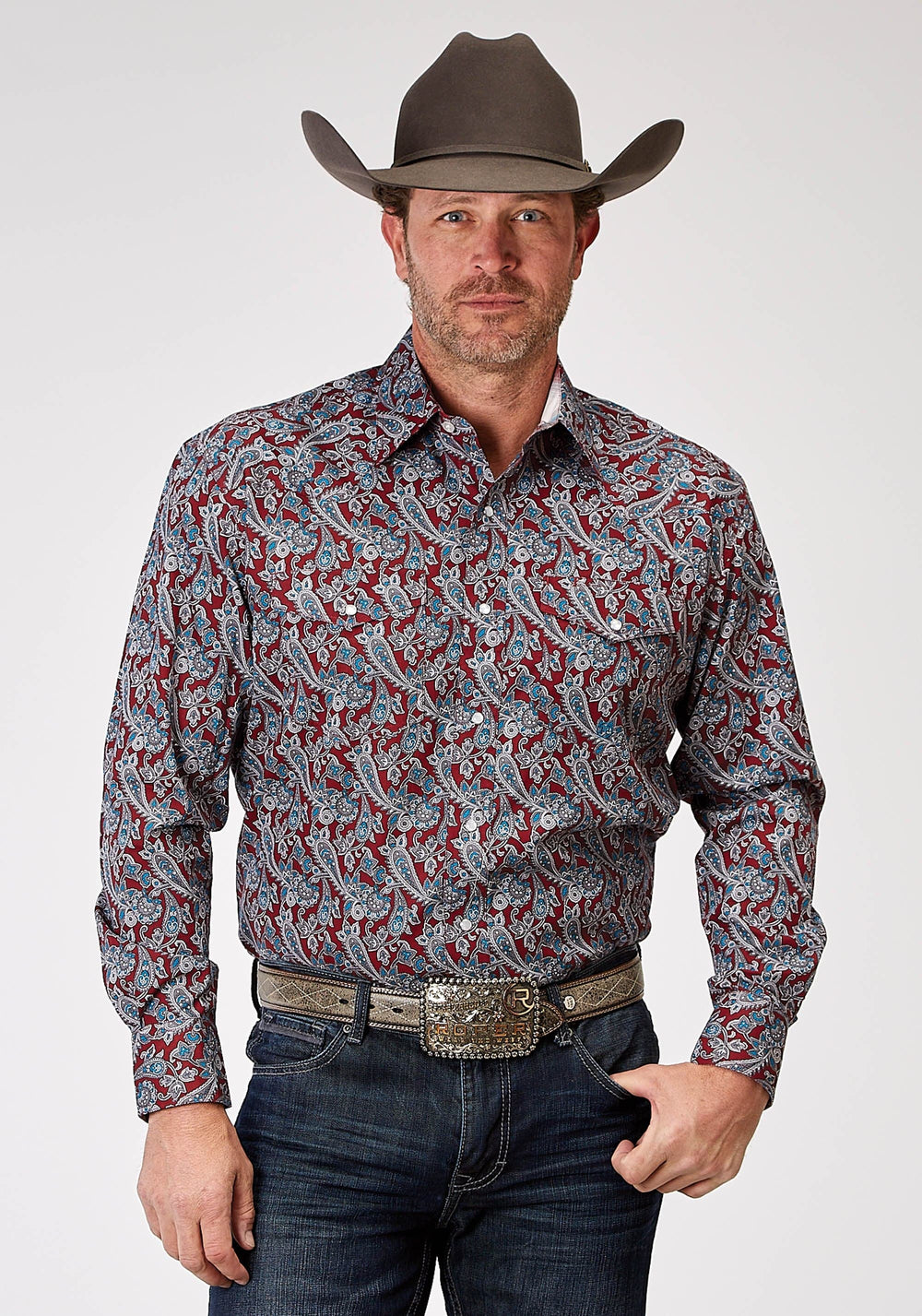 Roper Mens Long Sleeve Snap Red River Paisley Western Shirt - Roper
