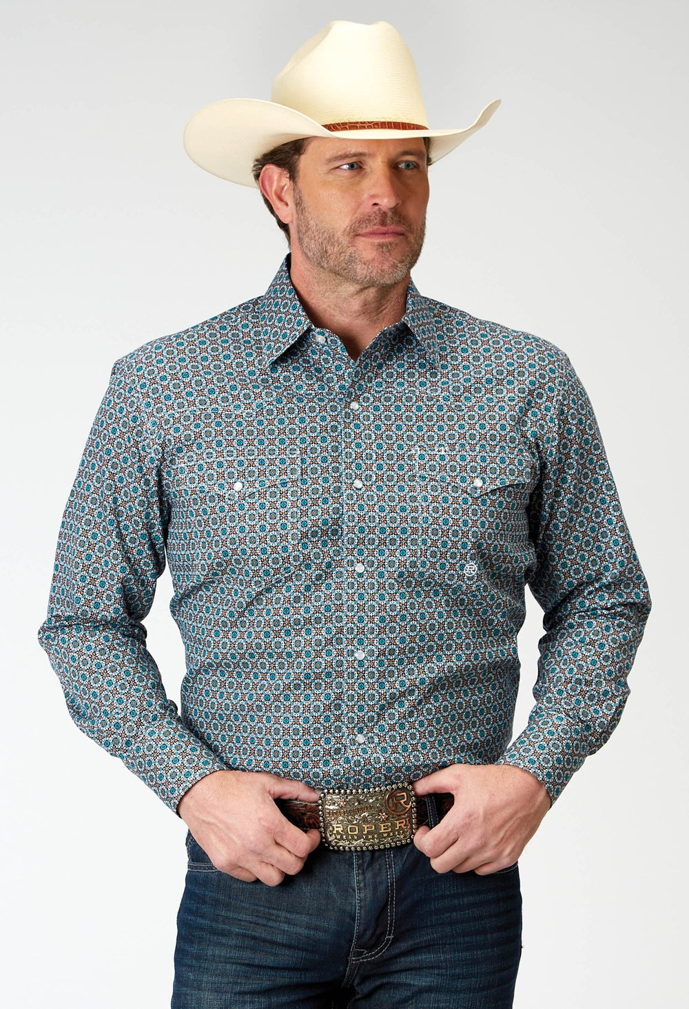 Roper Mens Long Sleeve Snap Frontier Foulard Western Shirt - Roper