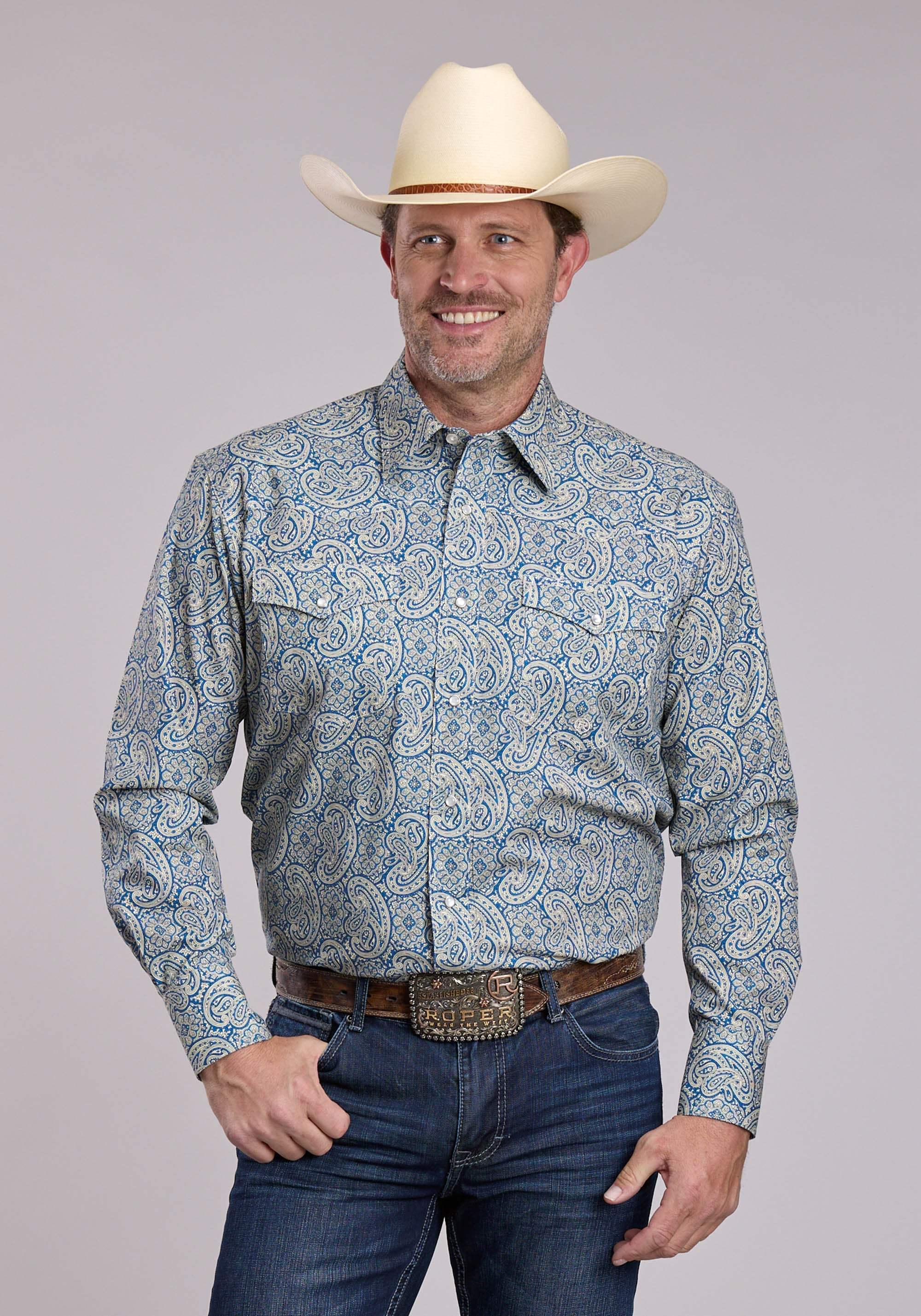 Mens Roper Blue Line Paisley Long Sleeve Snap Shirt - Roper - Flyclothing LLC