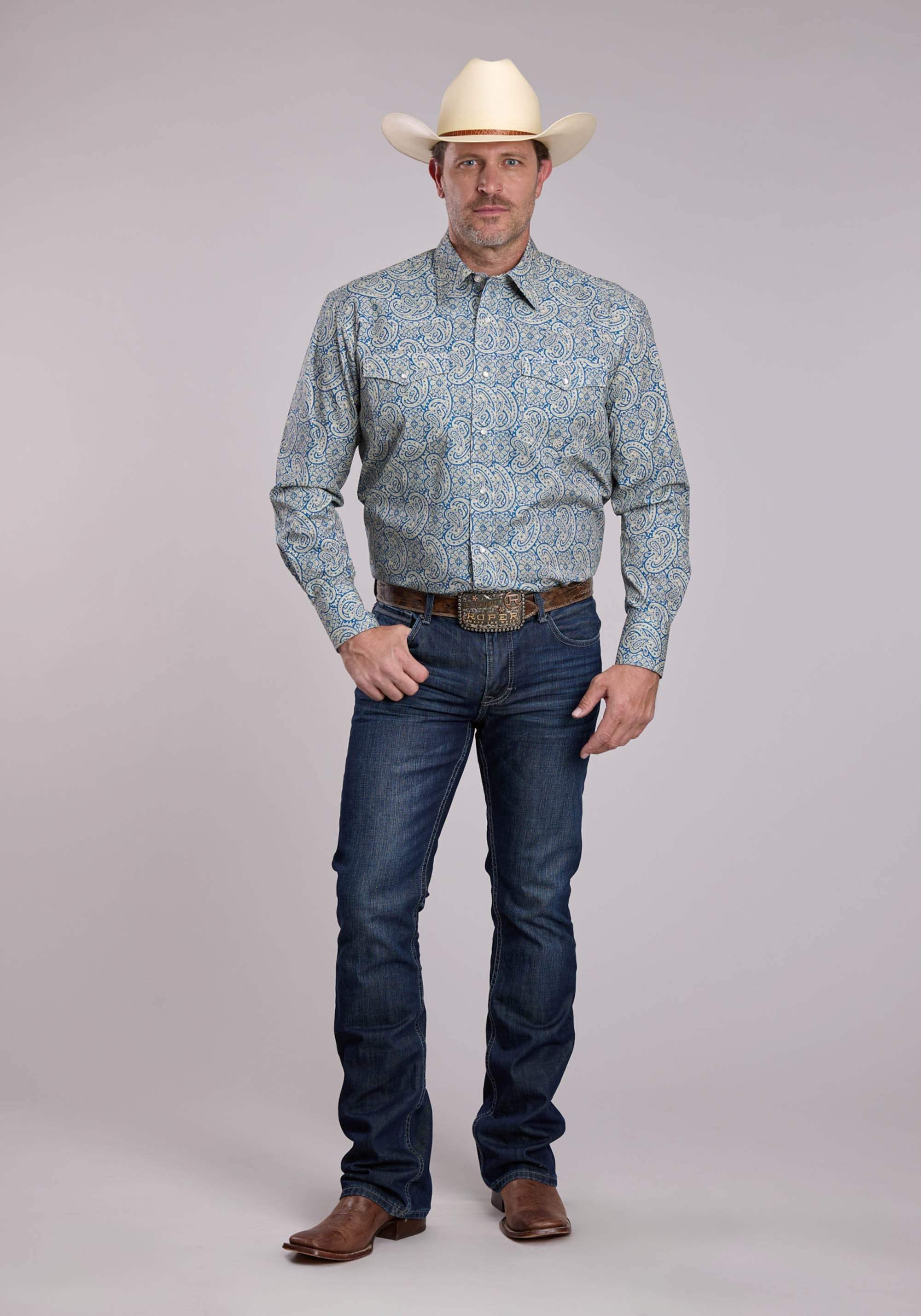 Mens Roper Blue Line Paisley Long Sleeve Snap Shirt - Roper - Flyclothing LLC