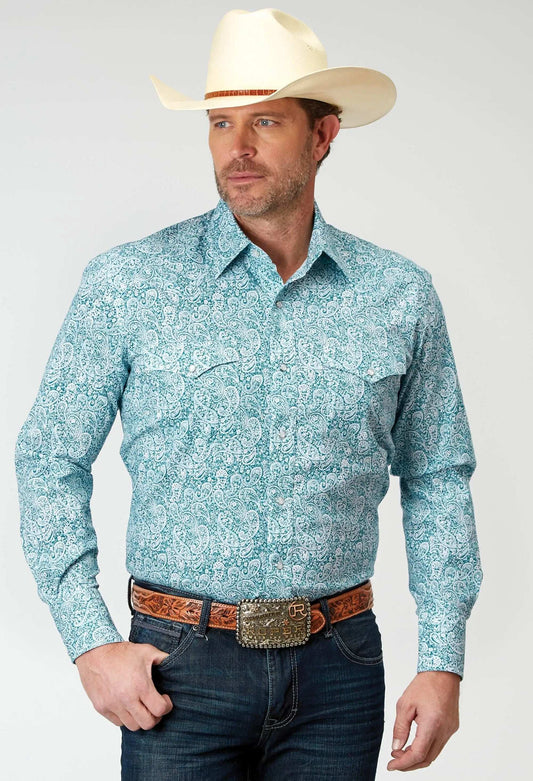 Roper Mens Long Sleeve Snap Stretch Poplin Teal Paisley Western Shirt - Roper - Flyclothing LLC