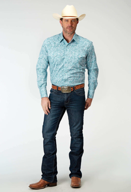 Roper Mens Long Sleeve Snap Stretch Poplin Teal Paisley Western Shirt - Roper - Flyclothing LLC