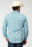Roper Mens Long Sleeve Snap Stretch Poplin Teal Paisley Western Shirt - Roper