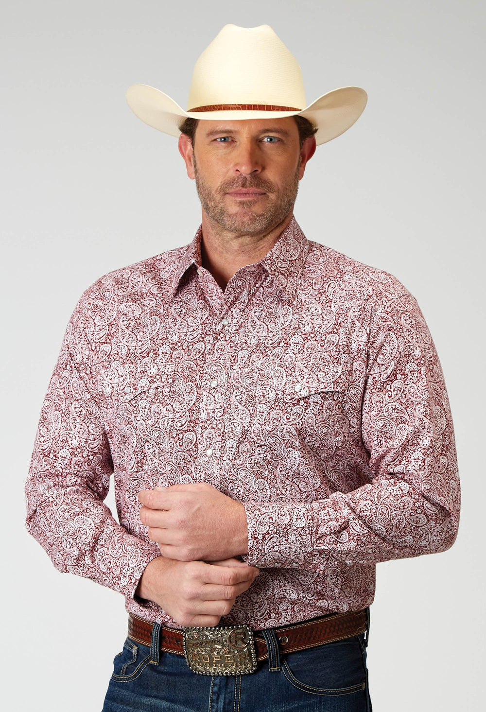 Roper Mens Long Sleeve Snap Stretch Poplin Red Paisley Western Shirt - Roper
