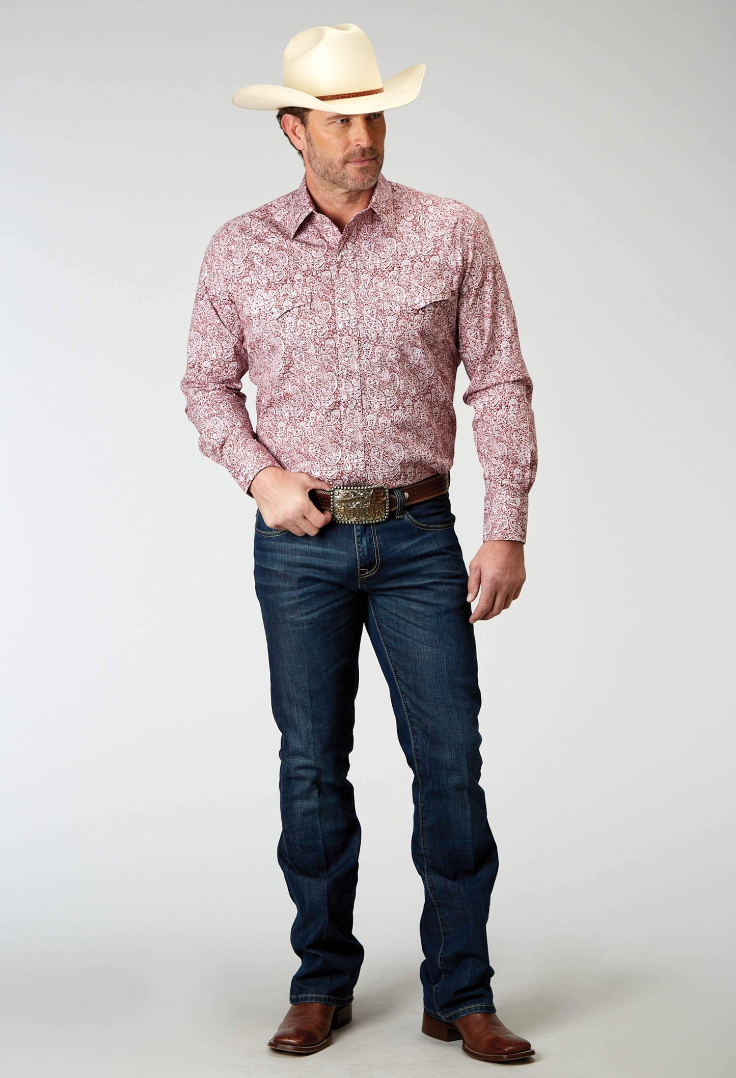 Roper Mens Long Sleeve Snap Stretch Poplin Red Paisley Western Shirt - Roper - Flyclothing LLC