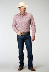 Roper Mens Long Sleeve Snap Stretch Poplin Red Paisley Western Shirt - Roper - Flyclothing LLC