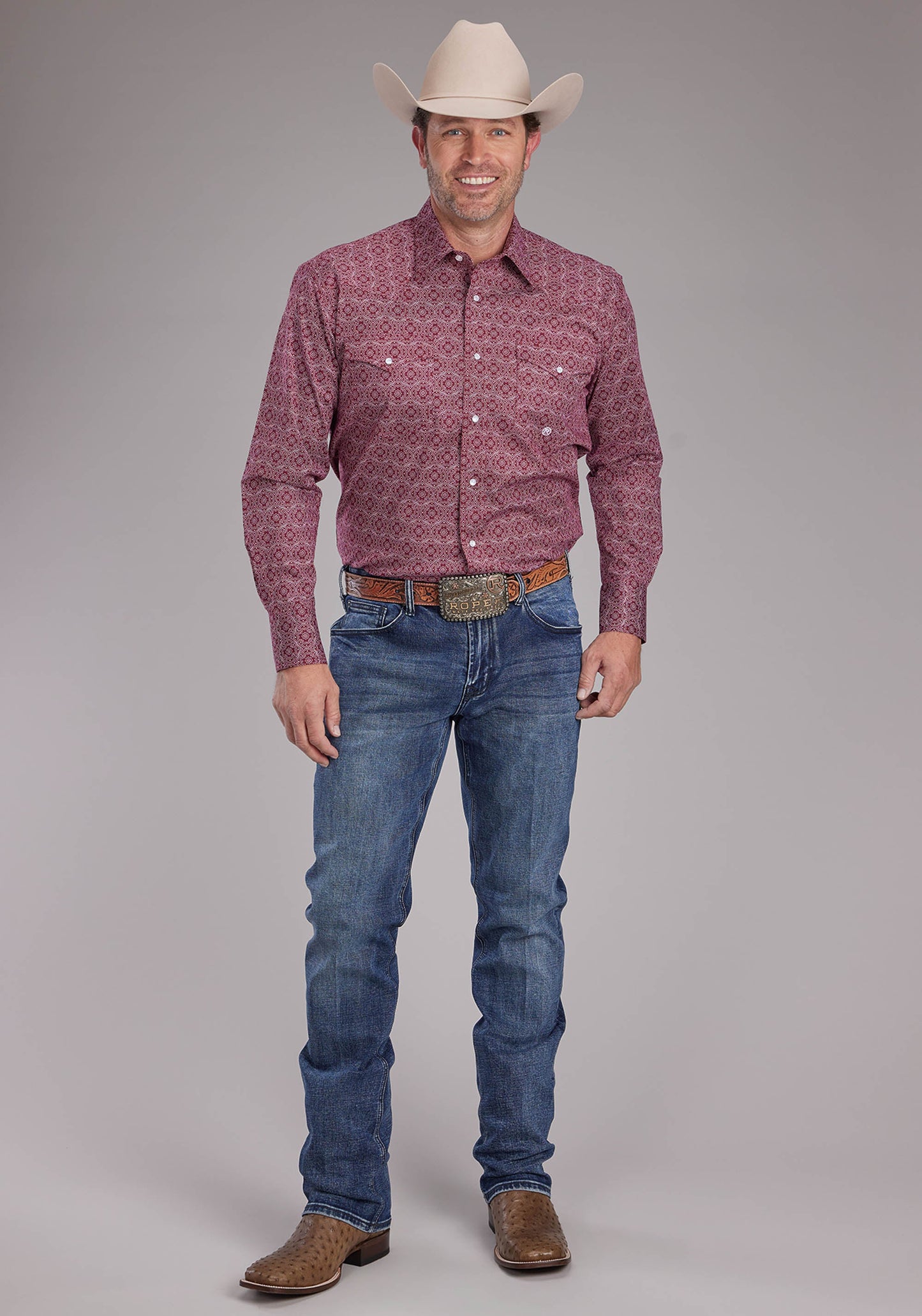 Roper Mens Stretch Medallion Paisley - Red Long Sleeve Snap Western Shirt