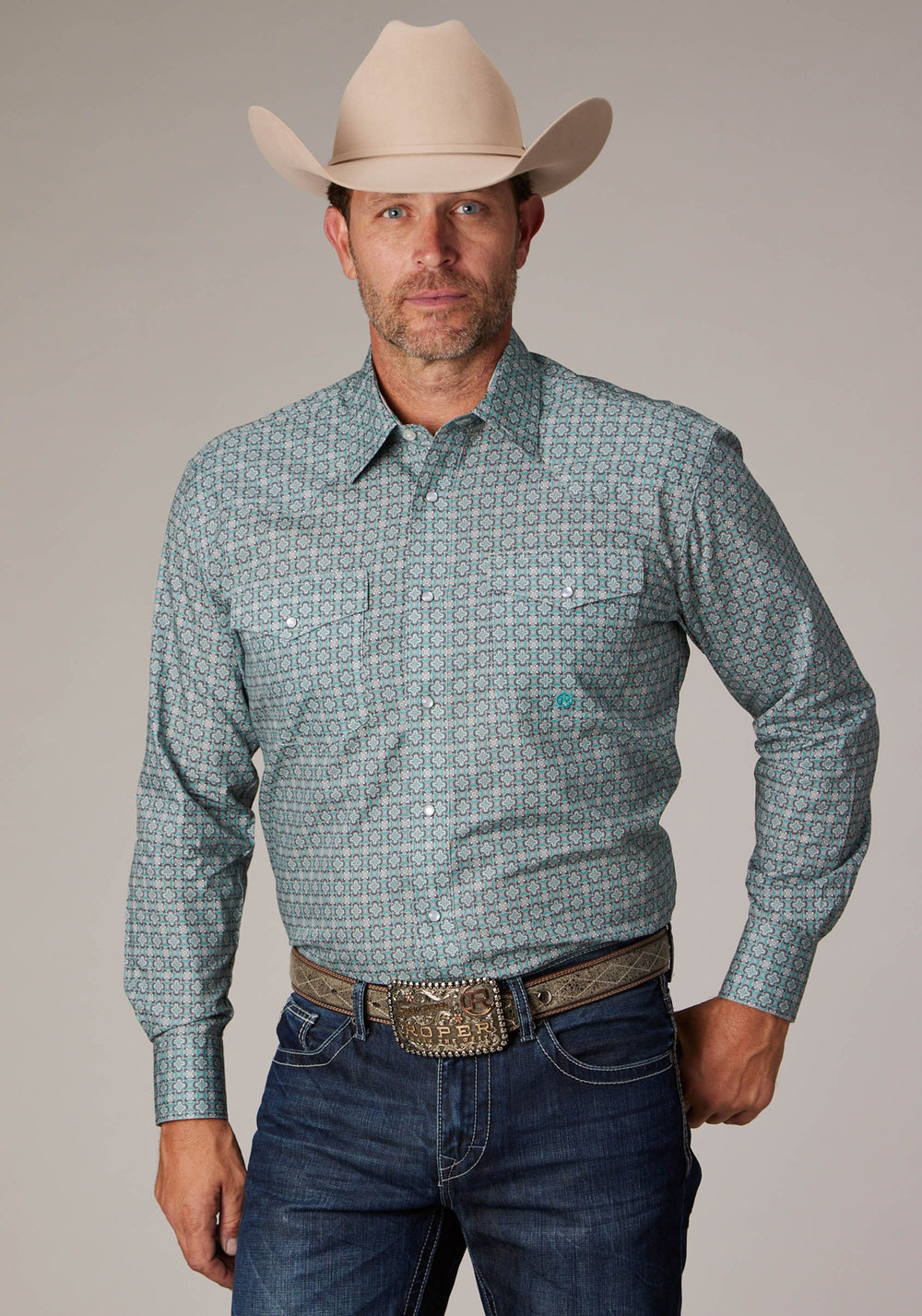 Roper Mens Long Sleeve Snap Silver Spring Foulard Western Shirt - Roper