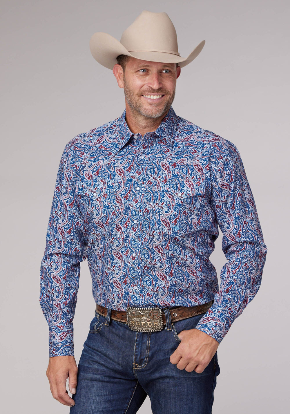 Roper Mens Long Sleeve Snap Blue River Paisley Western Shirt - Roper