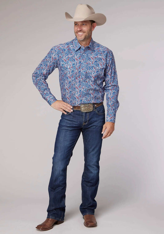 Roper Mens Long Sleeve Snap Blue River Paisley Western Shirt - Roper - Flyclothing LLC