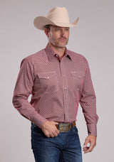 Mens Roper Red Stretch Geo Print Long Sleeve Snap Shirt