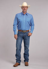 Mens Roper Blue Stretch Geo Print Long Sleeve Snap Shirt