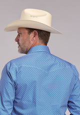 Mens Roper Blue Stretch Geo Print Long Sleeve Snap Shirt