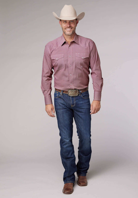 Roper Mens Long Sleeve Snap Stretch Neat Red Western Shirt - Roper - Flyclothing LLC