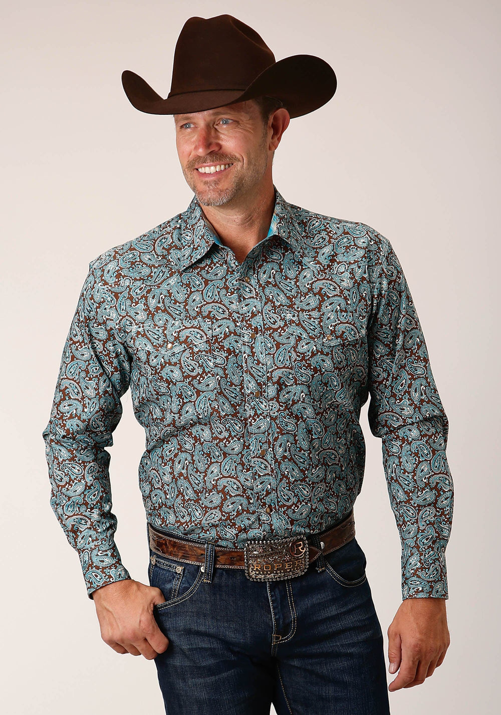 Roper Mens Long Sleeve Snap Turquoise Mine Paisley Western Shirt - Roper