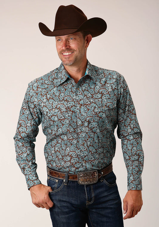 Roper Mens Long Sleeve Snap Turquoise Mine Paisley Western Shirt - Roper