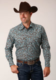 Roper Mens Long Sleeve Snap Turquoise Mine Paisley Western Shirt - Roper