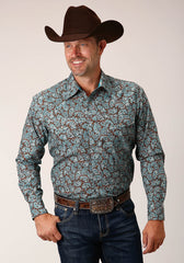 Roper Mens Long Sleeve Snap Turquoise Mine Paisley Western Shirt - Roper